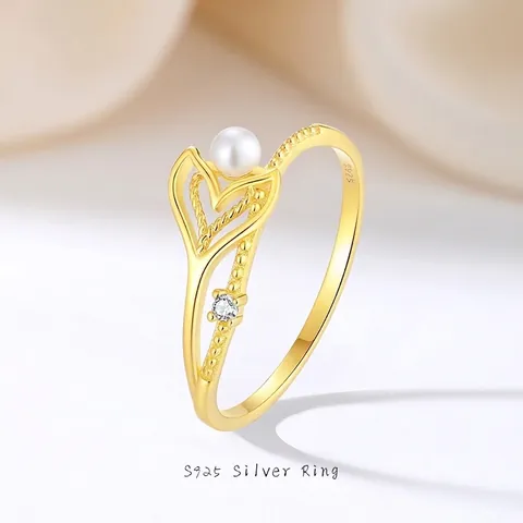 Eleganter S925 Sterlingsilber Fischschwanz Muschelperle Ring Zirkonia Eingelegt 18K Vergoldet Stapelring Für Damen Schmuck