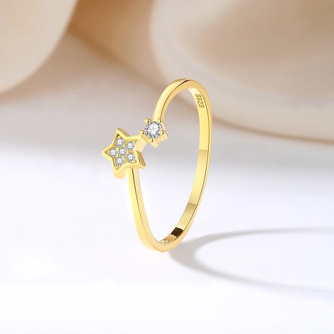 S925 Sterling Zilveren Ster Ring Verguld Zirkonia Pentagram Open Verstelbare Ring Voor Dames Dagelijkse Sieraden