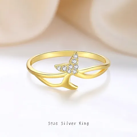 925 Sterling Silver Fish Tail Ring Gold Plated Cubic Zirconia Mermaid Tail Minimalist Stackable Finger Ring For Women Jewelry