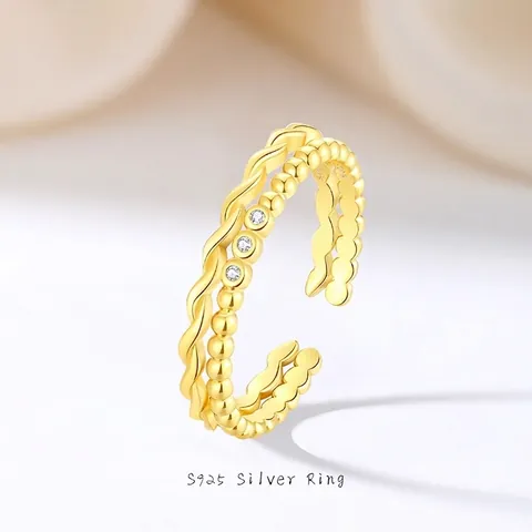 Anillo de Doble Capa de Plata de Ley 925 Chapado en Oro de Lujo Minimalista Ajustable con Zirconia Incrustada Anillo Apilable para Mujer Joyería