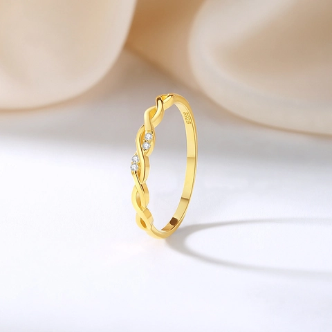 Anello in Argento Sterling 925 Placcato Oro Design a Treccia Minimalista Anello Impilabile da Donna con Zirconia Gioielli