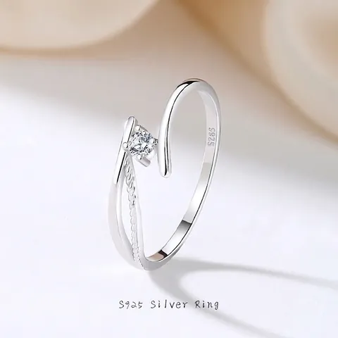 Anillo Bypass Minimalista de Plata de Ley S925 Con Zirconia Cúbica Anillo Ajustable Fino Abierto para Mujer Joyería Fina