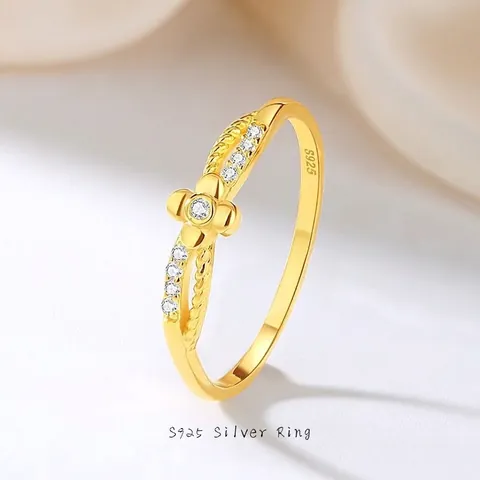 Anillo de Flor de Plata de Ley S925 Bañado en Oro de 18K Zirconia Cúbica Minimalista Apilable Joyería para Mujer Fiesta Diario