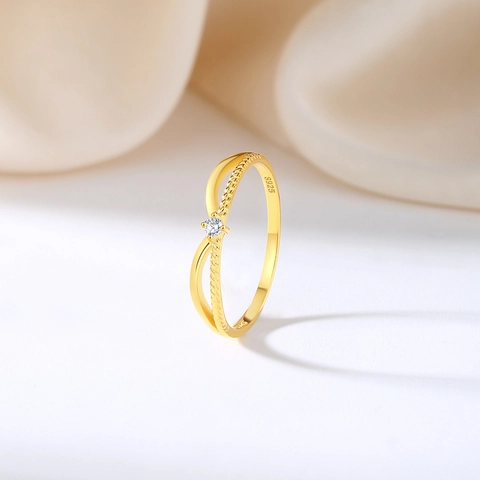 Anello Geometrico Minimalista in Argento Sterling S925 Placcato Oro Donna Elegante Intarsiato con Zirconia Anello Intrecciato Gioielli