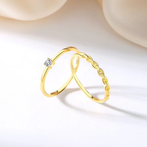 S925 Sterling Silver Gold Plated Rhinestone Ring Set For Women Elegant Stackable Chain Texture Minimalist Finger Ring Jewelry