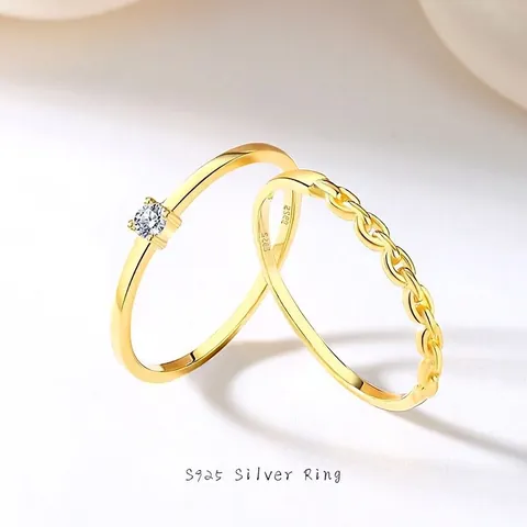 S925 Sterling Silver Gold Plated Rhinestone Ring Set For Women Elegant Stackable Chain Texture Minimalist Finger Ring Jewelry