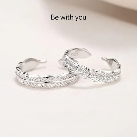 S925 Sterling Silver Feather Open Rings For Couples Inlaid Cubic Zirconia Adjustable Resizable Fashion Finger Rings Women Men Jewelry Gift