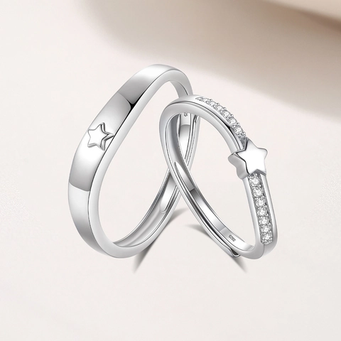 925 Sterling Silver Star Couple Rings For Men Women Resizable Open Rhinestone Engagement Ring Set Fashion Jewelry Gift