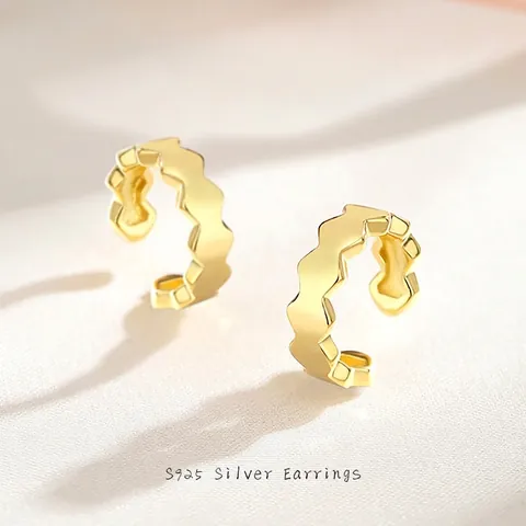 Minimalistisch 925 Sterlingsilber Bienenwabe Welle Ohrmanschette Geometrische C-Form Clip Ohrringe Mode Schmuck Damen