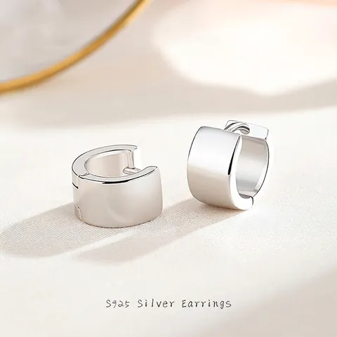S925 Sterling Silver Wide Surface Hoop Earrings Minimalist Polished Circle Geometric Ear Buckle Fashion Jewelry For Women Gift