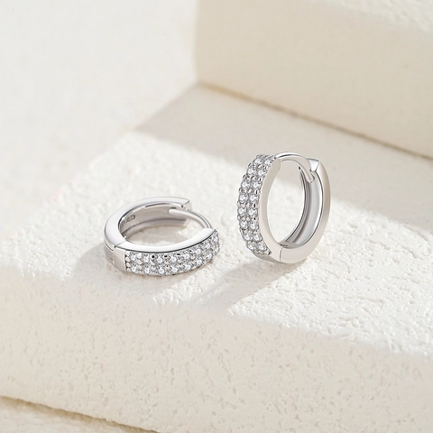 Orecchini a Cerchio in Argento Sterling 925 a Doppia Fila di Zirconia Cubica Fibbie Geometriche per Donna Orecchini Tondi alla Moda