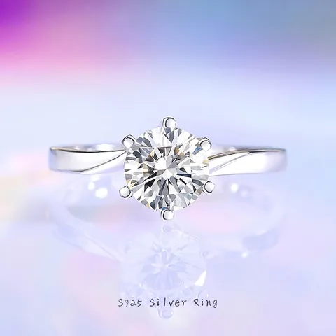 Luxus 1ct Runder Moissanit Zirkon S925 Sterling Silber Ring Sechs-Krallen-Kronenfassung Verstellbarer Hochzeitsring Für Damen Schmuck