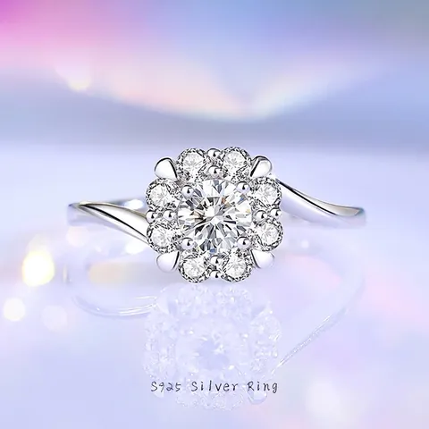 Anello a Fiore in Argento Sterling 925 Con Moissanite e Zirconia Per Donna Minimalista Incastonato a Grappolo Misura Regolabile