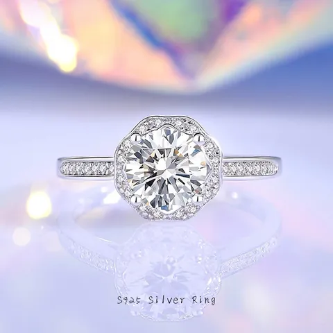 Anillo de Plata de Ley 925 Moissanita para Mujer Corte Redondo Halo Minimalista Niche Anillo de Compromiso Circonia Incrustada Joyería