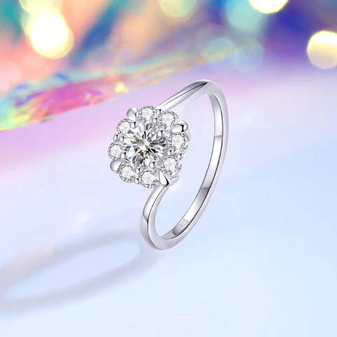 Anello a Fiore in Argento Sterling 925 Con Moissanite e Zirconia Per Donna Minimalista Incastonato a Grappolo Misura Regolabile