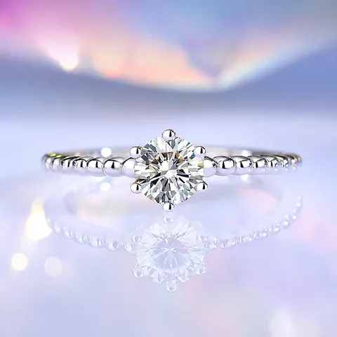 925 Sterling Silver Moissanite Zirconia Ring For Women Simple Six Prong Beaded Band Anniversary Engagement Wedding Band Jewelry
