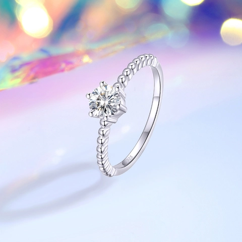 925 Sterling Silver Moissanite Zirconia Ring For Women Simple Six Prong Beaded Band Anniversary Engagement Wedding Band Jewelry