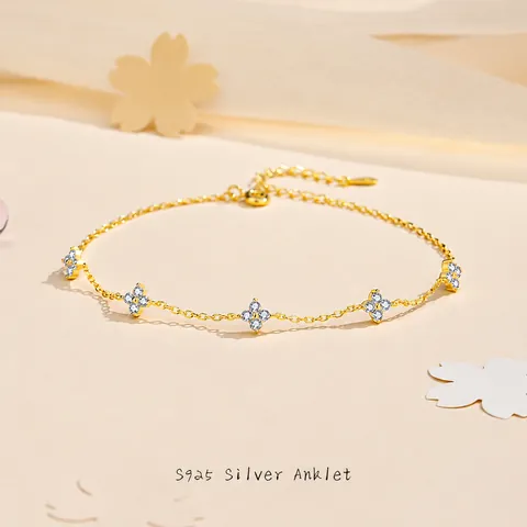 S925 Sterlingsilber Vierblättriges Kleeblatt Fußkettchen Für Damen Funkelnde Zirkonia Eingelegte Verstellbare Kette Ethno-Stil Schmuck