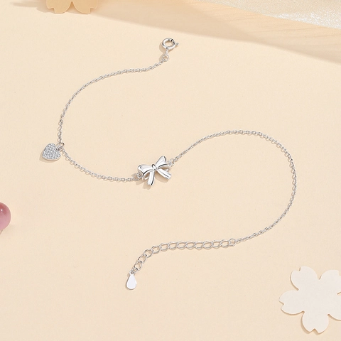 Cavigliera in Argento Sterling 925 con Cuore e Fiocco per Donna Zirconia Intarsiata Semplice Delicata Regolabile Gioielli