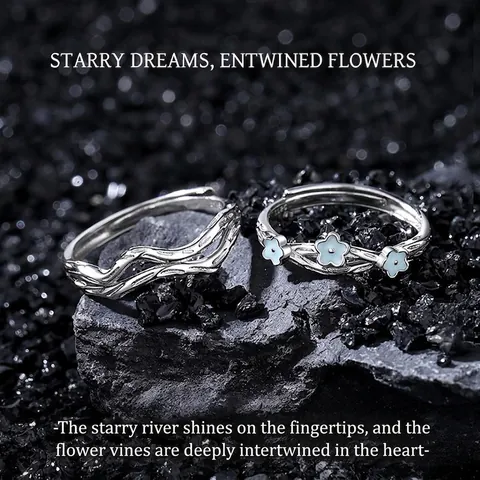 S925 Sterling Silver Couple Rings Luminous Enamel Flower Design Adjustable Open Band Rings For Women Men Jewelry