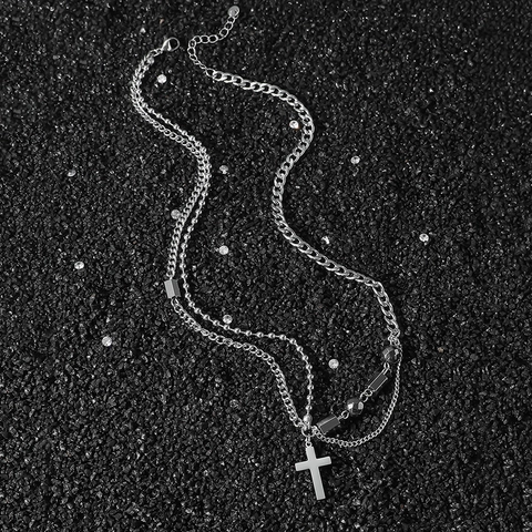 Roestvrijstalen Dubbellaagse Kruis Halsketting Voor Heren Dames Punk Cubaanse Ketting Splitsing Mode Religieuze Sieraden