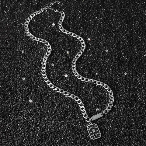 Men Stainless Steel Cuban Link Chain Necklace With Square Pendant Engraved Roman Numerals Hip Hop Street Style Jewelry
