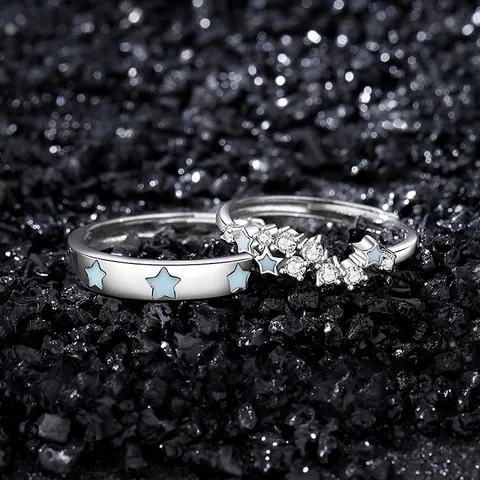 S925 Sterling Silver Luminous Star Couple Rings Starlit Blossom Zirconia Inlaid Adjustable Open Finger Ring Fashion Jewelry