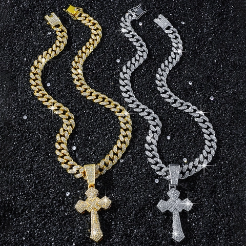 Herren Hip Hop Kreuz Anhänger Halskette Iced Out Strass Panzerkette Zinklegierung Gold Silber Überzogener Schmuck Für Party