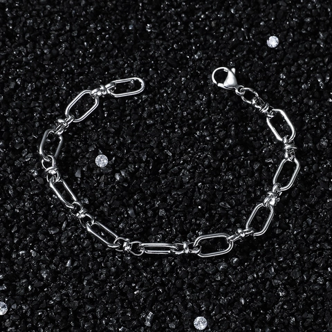 Hip Hop Men Stainless Steel Chain Bracelet Minimalist Oval Link Splicing Street Style Polished Silver Jewelry Bracelet