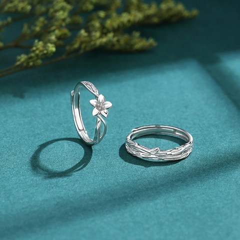 Anelli di Coppia in Argento Sterling 925 Ispirati alla Natura Anelli Aperti Regolabili Con Struttura a Fiori e Rami per Uomo Donna Gioielli