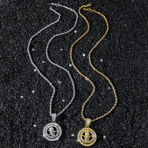 Hip Hop Drehbarer Saint Jude Anhänger Halskette Für Herren Damen Legierung Strass Religiöse Runde Medaille Kordelkette Schmuck