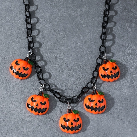 Halloween Kürbis Anhänger Halskette Lustiges Oranges Jack-O'-Lantern Gesicht Schwarze Klobige Acryl Gliederkette Für Damen Herren