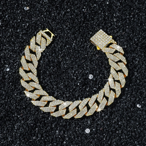 Men Hip Hop Cuban Link Bracelet Rhombus Triple Row Iced Out Zinc Alloy Glass Rhinestone Heavy Streetwear Jewelry