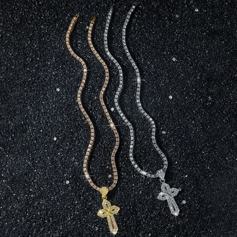 Hip Hop Iced Out Kreuz Anhänger Halskette Für Herren Zinklegierung Strass Tennis Kette Luxus Streetwear Schmuck Geschenk