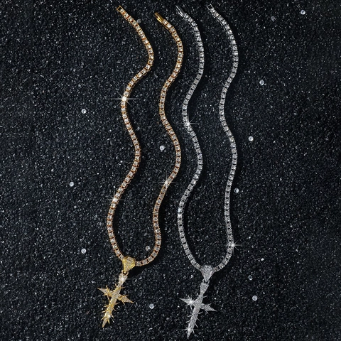 Collana con Pendente a Croce di Spine Seghettata Hip Hop da Uomo Con Catena Tennis 4mm Gioielli in Lega di Zinco Strass