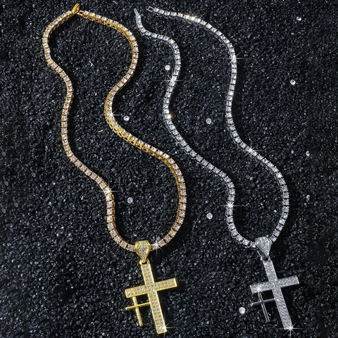 Hip Hop Double Cross Pendant Necklace For Men Pave Rhinestone Tennis Chain Zinc Alloy Electroplated Jewelry