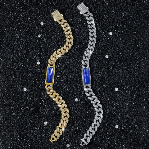 Pulsera Hip Hop Hombre Eslabón Cubano Iced Out Aleación Strass Rectangular Piedra de Vidrio Azul Incrustada Pulsera Joyería