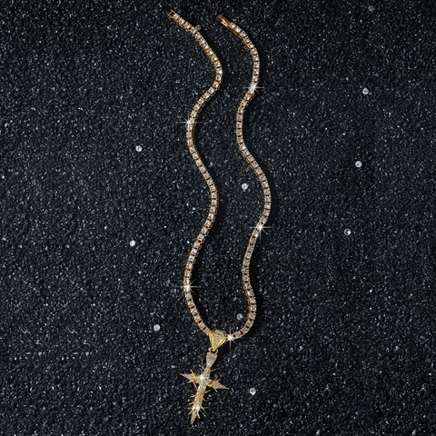 Collana con Pendente a Croce di Spine Seghettata Hip Hop da Uomo Con Catena Tennis 4mm Gioielli in Lega di Zinco Strass