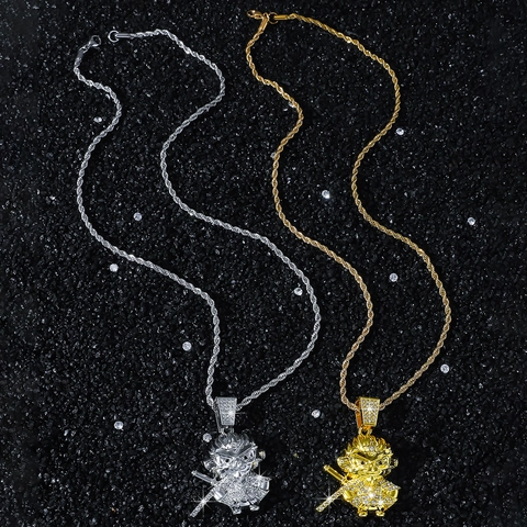 Iced Out Hip Hop Affenkönig Anhänger Halskette Edelstahl Seilkette Legierung Strass Schmuck Für Herren Damen Gold Silber