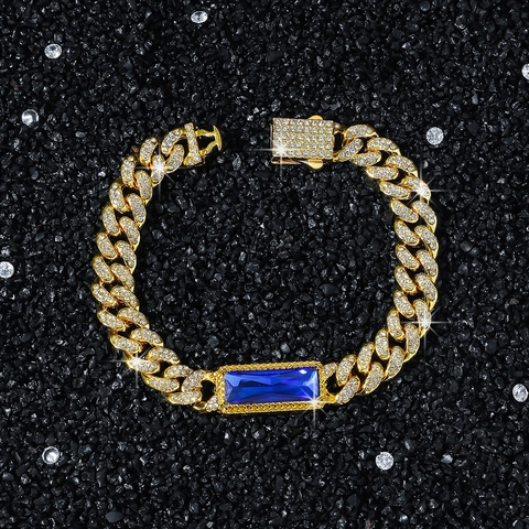 Pulsera Hip Hop Hombre Eslabón Cubano Iced Out Aleación Strass Rectangular Piedra de Vidrio Azul Incrustada Pulsera Joyería