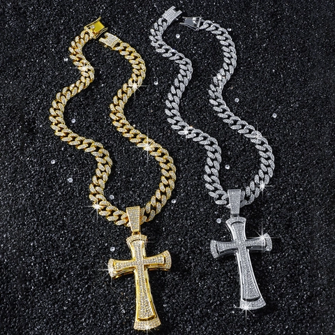 Hip Hop Men Zinc Alloy Full Rhinestone Cross Pendant Necklace With Cuban Link Chain Bling Streetwear Party Jewelry Gold Silver
