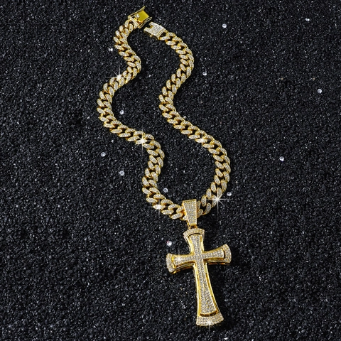 Hip Hop Men Zinc Alloy Full Rhinestone Cross Pendant Necklace With Cuban Link Chain Bling Streetwear Party Jewelry Gold Silver