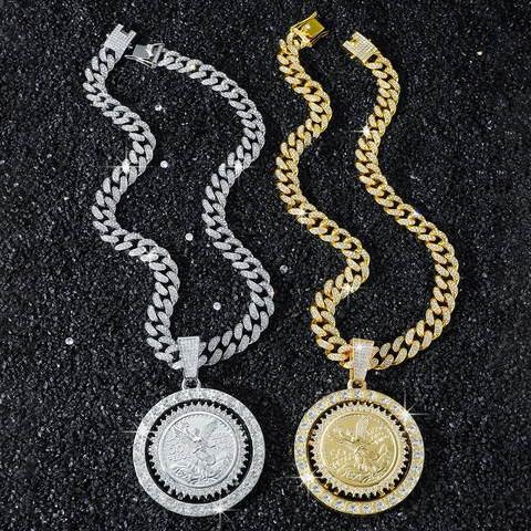Collana Hiphop da Uomo Con Ciondolo Moneta Messicana 50 Pesos Vittoria Alata In Lega Strass Catena Maglia Cubana Gioielli