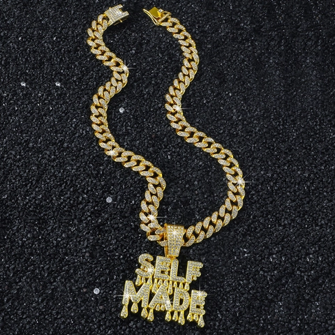 Hip Hop Iced Out Self Made Buchstaben Anhänger Halskette Legierung Strass Panzerkette Für Herren Street Schmuck