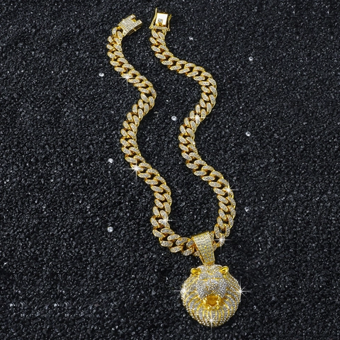 Men Hip Hop Lion Head Pendant Necklace With Full Rhinestone Iced Out Alloy Cuban Link Chain Gold Silver Streetwear Jewelry For Men