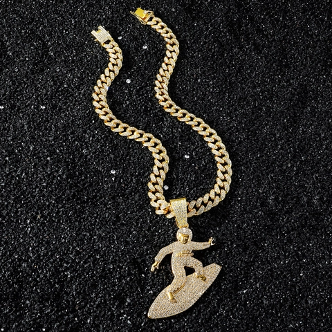 Collana Uomo Hip Hop Iced Out Pendente Ragazzo Skateboard Pieno di Strass Lega di Zinco Catena Cubana Gioielli Street Style