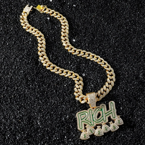 Hip Hop Iced Out RICH Alfabet Hanger Halsketting Voor Heren Zinklegering Strass Cubaanse Schakelketting Geldzak Charme Sieraden