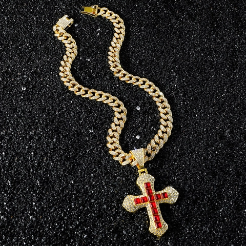 Hip Hop Men Zinc Alloy Rhinestone Cross Pendant Necklace Gold Silver Iced Out Cuban Link Chain Red Square Stone Jewelry