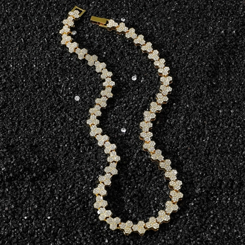 Gioielli Hip Hop Uomo in Lega con Strass Triangolo Geometrico a Nido d'Ape Catena Cubana Collana Bracciale Oro Argento per Festa