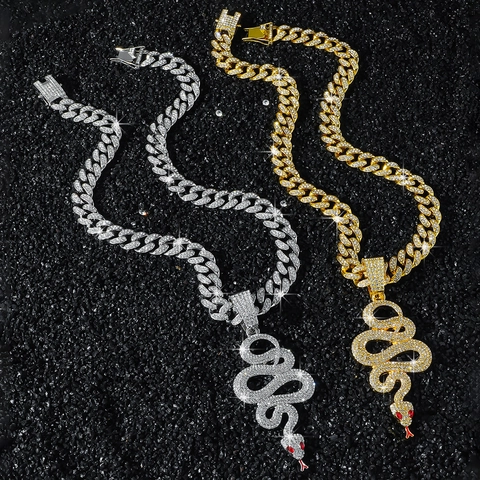 Collana con Ciondolo a Serpente Hip Hop da Uomo in Lega di Zinco Catena Cubana con Strass Gioielli a Forma di Animale